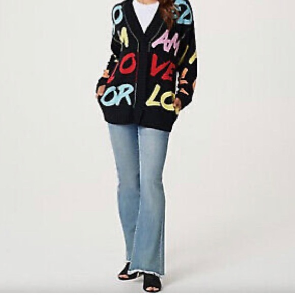 Peace Love World Womens Jacquard Sweater Cardigan Black Snap Front - Picture 2 of 14